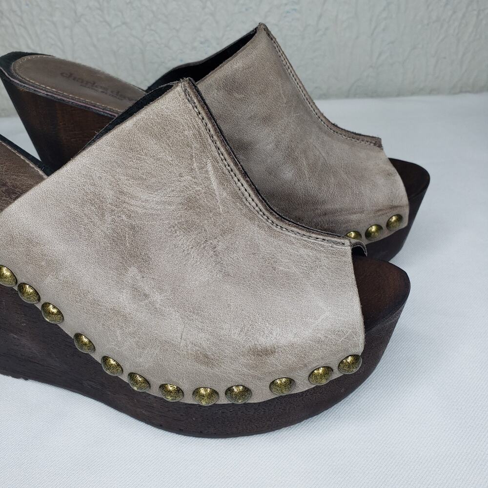 Charles David Recchia Taupe Leather Studded Wedge Platform Mules Size 37 US 6.5 - Picture 5 of 14